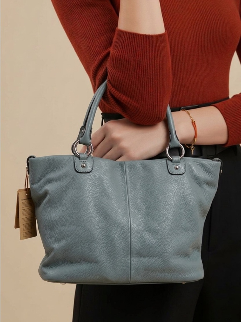Everyday Pebbled Leather Tote in Dusty Blue-Grey